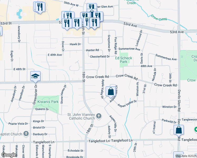 map of restaurants, bars, coffee shops, grocery stores, and more near 2545 Crow Creek Road in Bettendorf