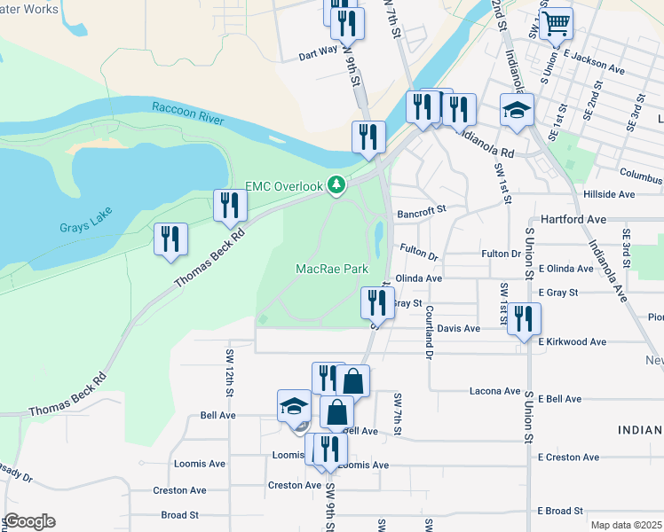 map of restaurants, bars, coffee shops, grocery stores, and more near 1021 Davis Avenue in Des Moines