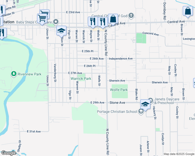 map of restaurants, bars, coffee shops, grocery stores, and more near 2728 Wells Street in Gary