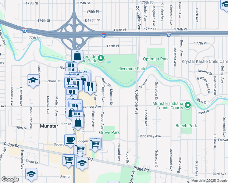 map of restaurants, bars, coffee shops, grocery stores, and more near 8012 Monaldi Drive in Munster