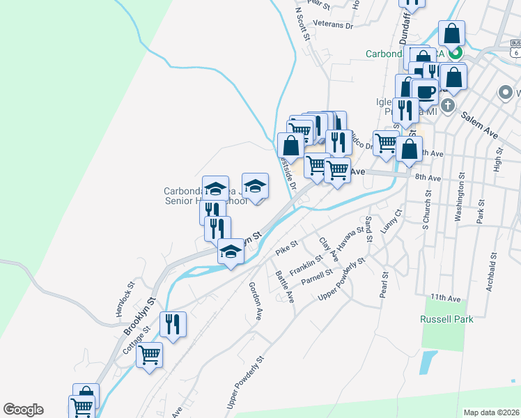 map of restaurants, bars, coffee shops, grocery stores, and more near 101 Brooklyn Street in Carbondale