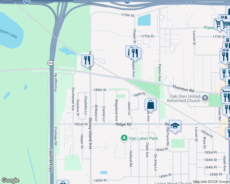 map of restaurants, bars, coffee shops, grocery stores, and more near 18003 Ridgeland Avenue in Lansing