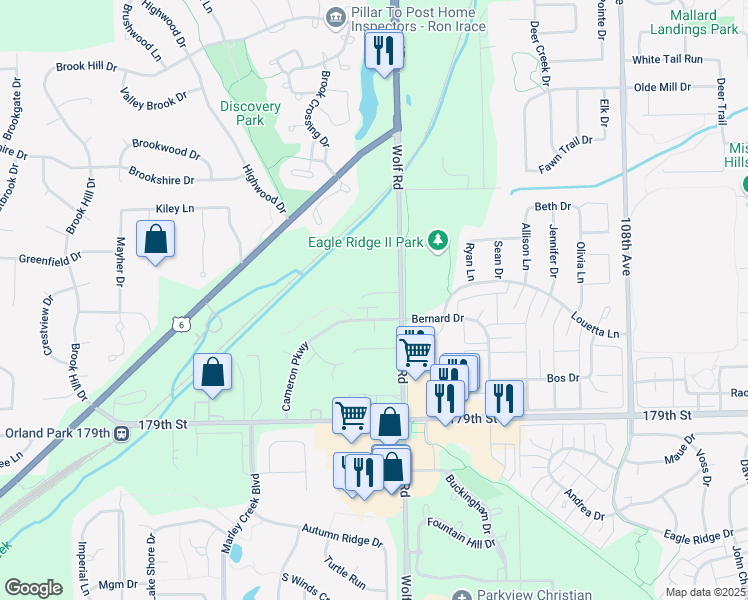 map of restaurants, bars, coffee shops, grocery stores, and more near 11215 Marley Brook Court in Orland Park