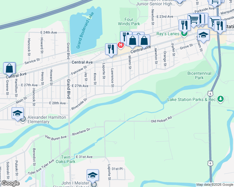map of restaurants, bars, coffee shops, grocery stores, and more near 2419 Riverside Drive in Gary
