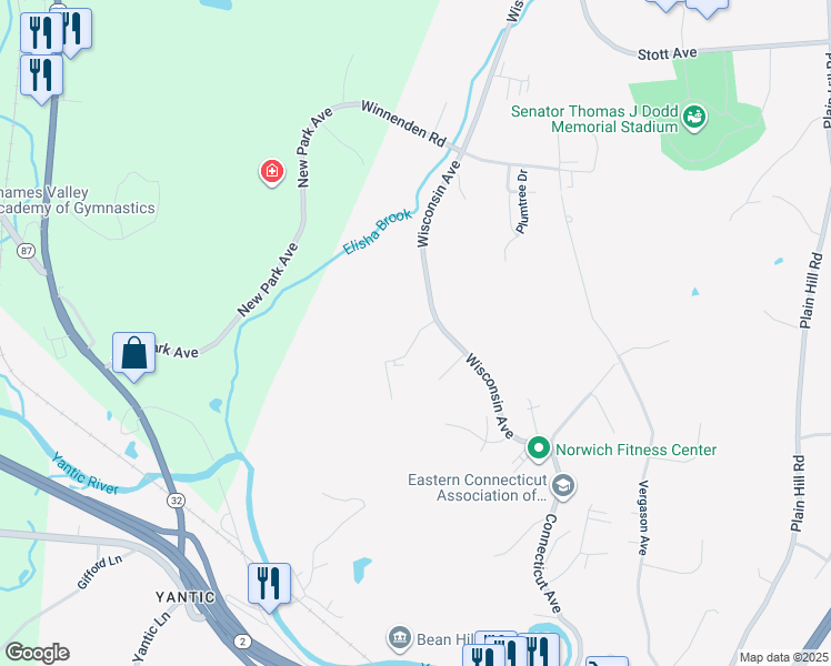 map of restaurants, bars, coffee shops, grocery stores, and more near 50 Oxford Drive in Norwich
