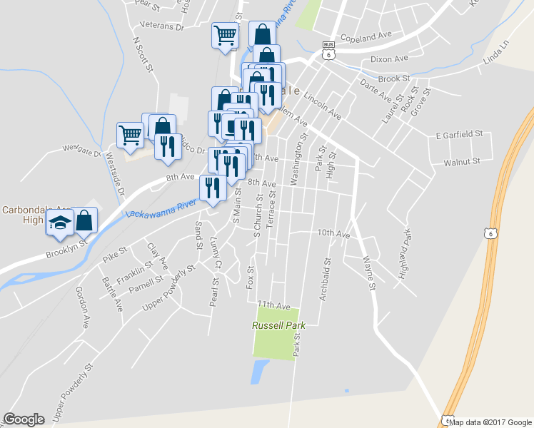 map of restaurants, bars, coffee shops, grocery stores, and more near 157 Terrace Street in Carbondale