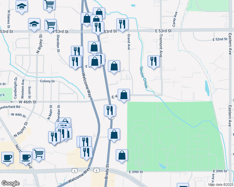 map of restaurants, bars, coffee shops, grocery stores, and more near 528 East 46th Street in Davenport
