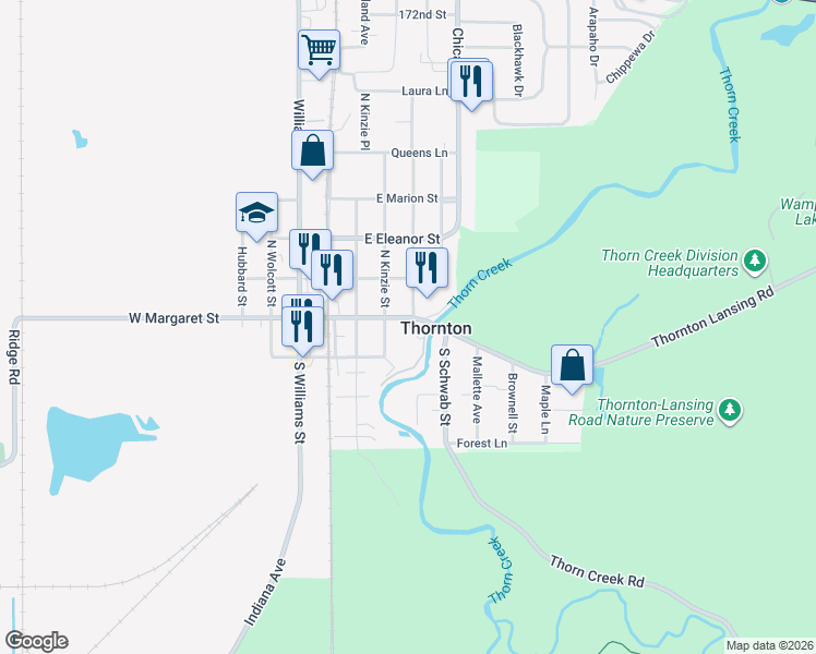 map of restaurants, bars, coffee shops, grocery stores, and more near 317 East Margaret Street in Thornton