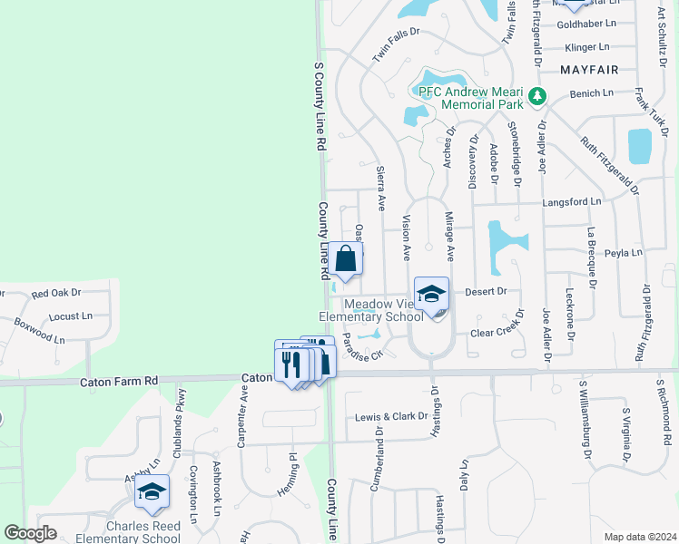 map of restaurants, bars, coffee shops, grocery stores, and more near 2601 Canyon Drive in Plainfield