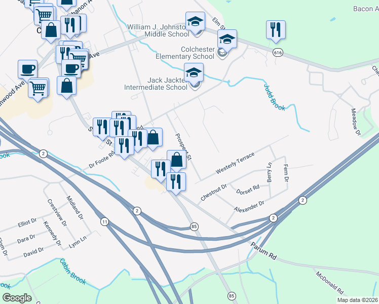 map of restaurants, bars, coffee shops, grocery stores, and more near 107 Prospect Street in Colchester