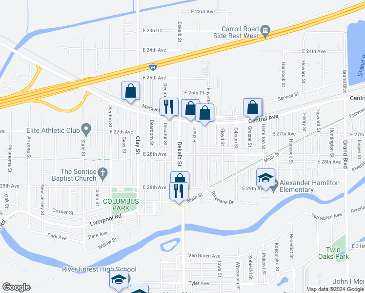 map of restaurants, bars, coffee shops, grocery stores, and more near 2751 Dekalb Street in Lake Station