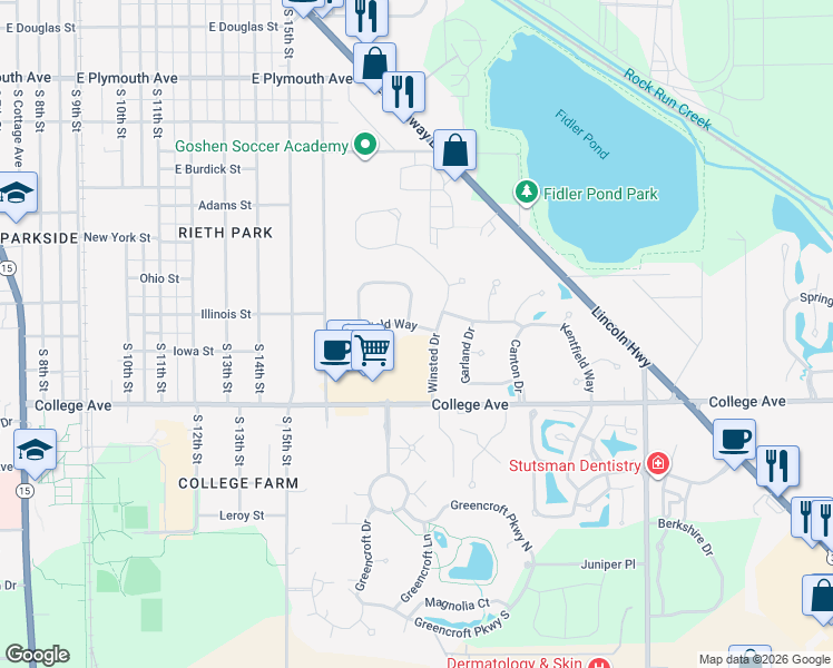 map of restaurants, bars, coffee shops, grocery stores, and more near 1512 Kentfield Way in Goshen
