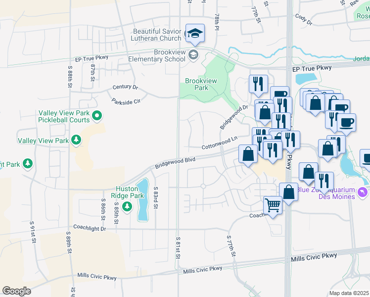map of restaurants, bars, coffee shops, grocery stores, and more near 150 80th Street in West Des Moines
