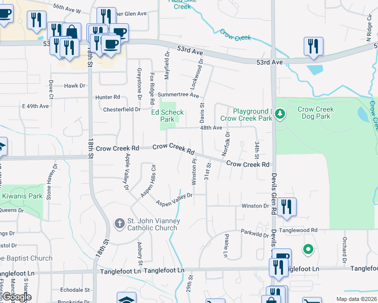 map of restaurants, bars, coffee shops, grocery stores, and more near 3057 Crow Creek Road in Bettendorf