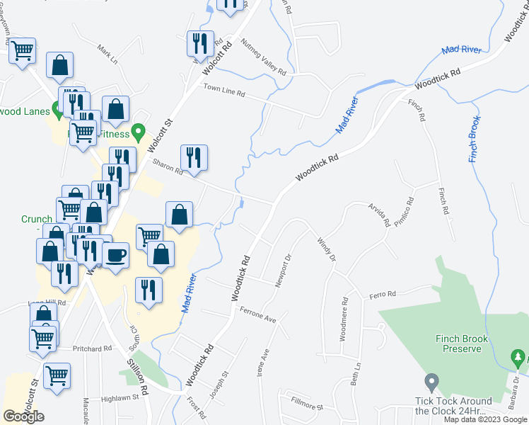 map of restaurants, bars, coffee shops, grocery stores, and more near 911 Woodtick Road in Waterbury