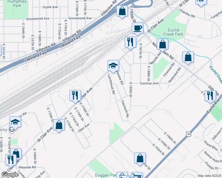 map of restaurants, bars, coffee shops, grocery stores, and more near 1422 Larchmont Road in Cleveland