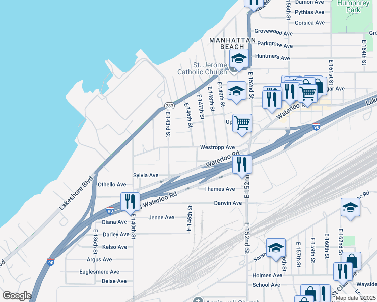 map of restaurants, bars, coffee shops, grocery stores, and more near 14510 Westropp Avenue in Cleveland