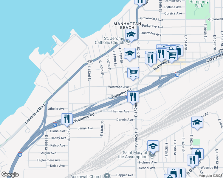 map of restaurants, bars, coffee shops, grocery stores, and more near 14628 Westropp Avenue in Cleveland