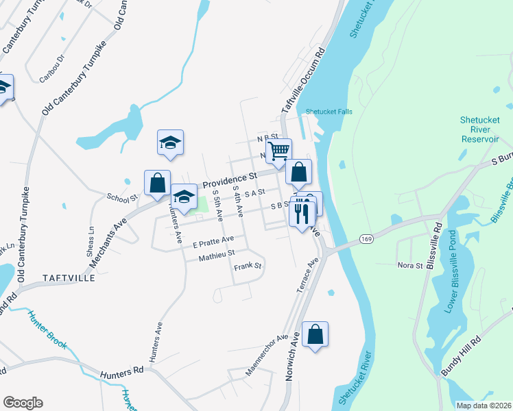 map of restaurants, bars, coffee shops, grocery stores, and more near 11 South B Street in Norwich