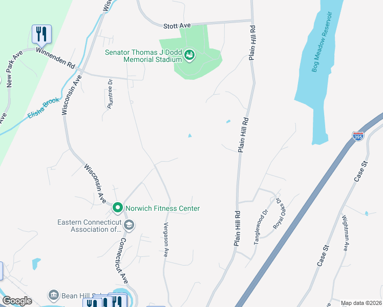 map of restaurants, bars, coffee shops, grocery stores, and more near 25 Old Oak Road in Norwich