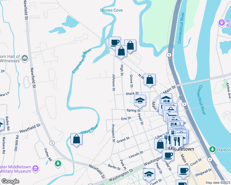 map of restaurants, bars, coffee shops, grocery stores, and more near 46 Johnson Street in Middletown