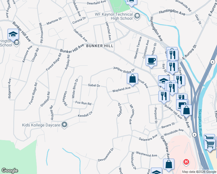 map of restaurants, bars, coffee shops, grocery stores, and more near 334 Gaylord Drive in Waterbury