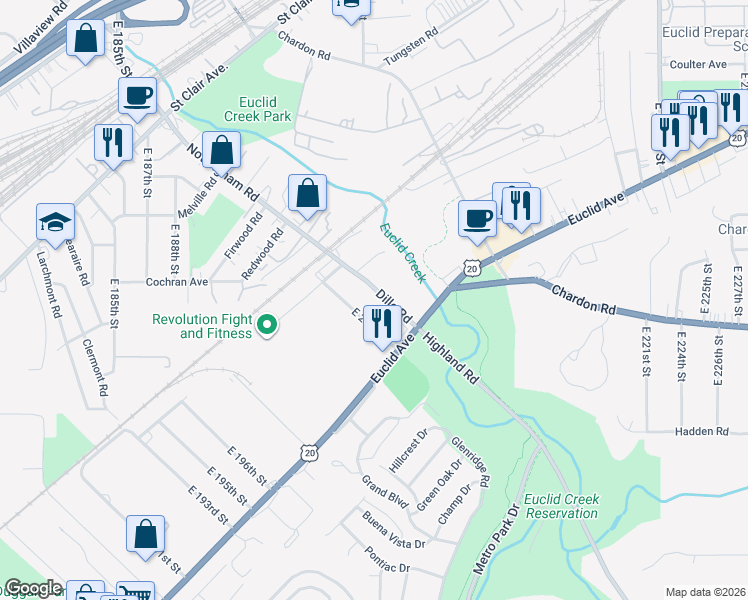 map of restaurants, bars, coffee shops, grocery stores, and more near 1536 Dille Road in Euclid