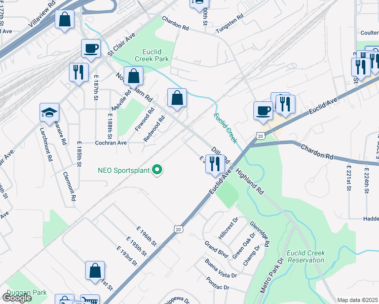map of restaurants, bars, coffee shops, grocery stores, and more near 1496 East 204th Street in Euclid