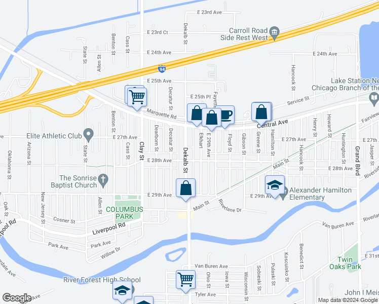 map of restaurants, bars, coffee shops, grocery stores, and more near 2765 Dekalb Street in Gary