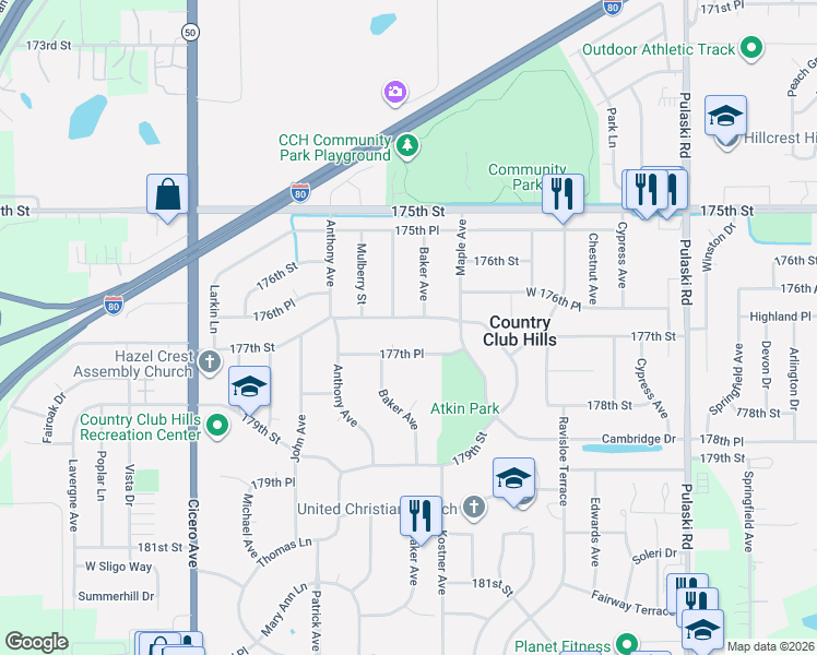 map of restaurants, bars, coffee shops, grocery stores, and more near 4433 177th Street in Country Club Hills