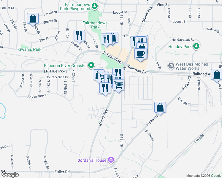 map of restaurants, bars, coffee shops, grocery stores, and more near 2025 Grand Avenue in West Des Moines