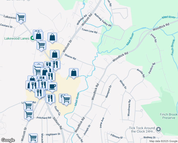 map of restaurants, bars, coffee shops, grocery stores, and more near 57 Sharon Road in Waterbury
