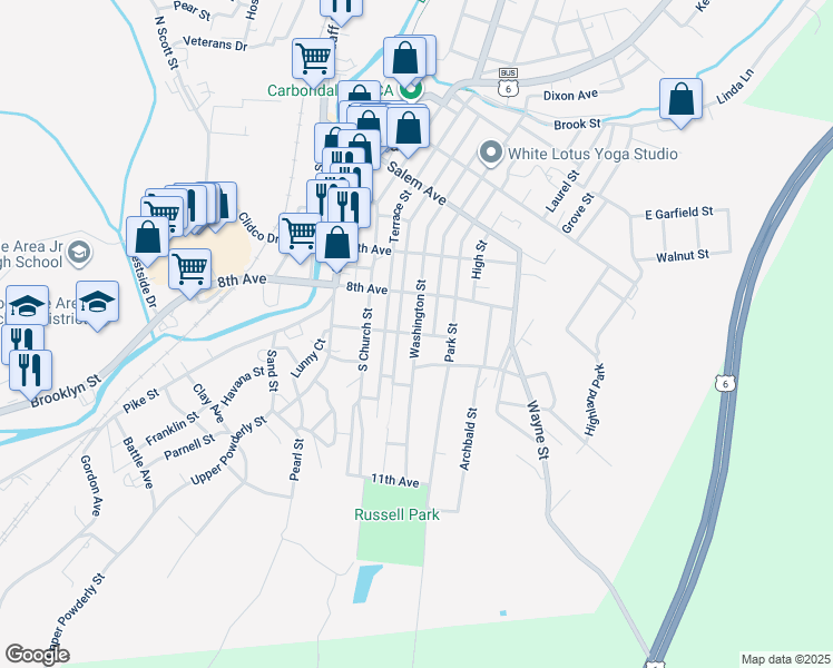 map of restaurants, bars, coffee shops, grocery stores, and more near 139 Washington Street in Carbondale