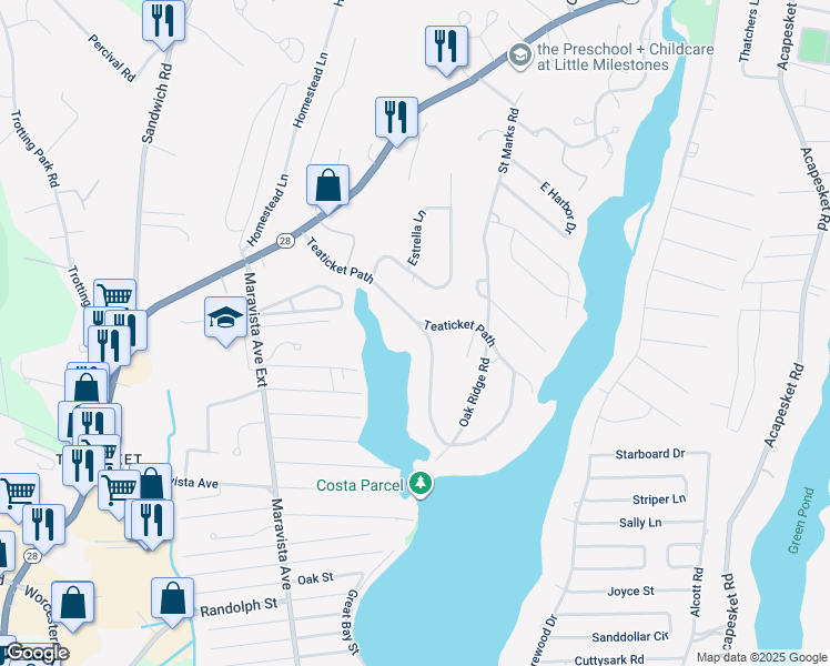 map of restaurants, bars, coffee shops, grocery stores, and more near 83 Teaticket Path in Falmouth