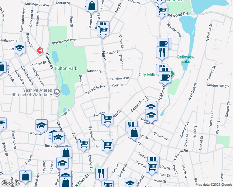map of restaurants, bars, coffee shops, grocery stores, and more near 24 Cassidy Avenue in Waterbury