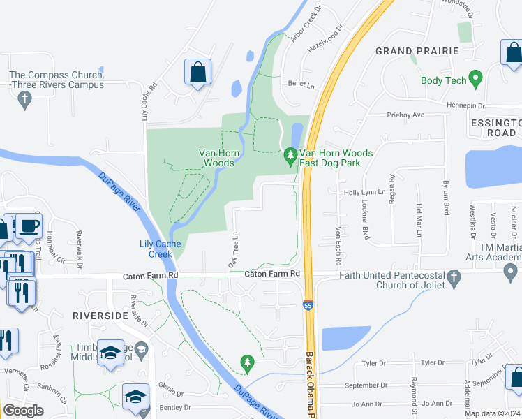 map of restaurants, bars, coffee shops, grocery stores, and more near 2401 Oak Tree Lane in Plainfield