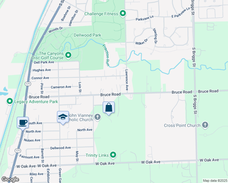 map of restaurants, bars, coffee shops, grocery stores, and more near 445 Bruce Road in Lockport