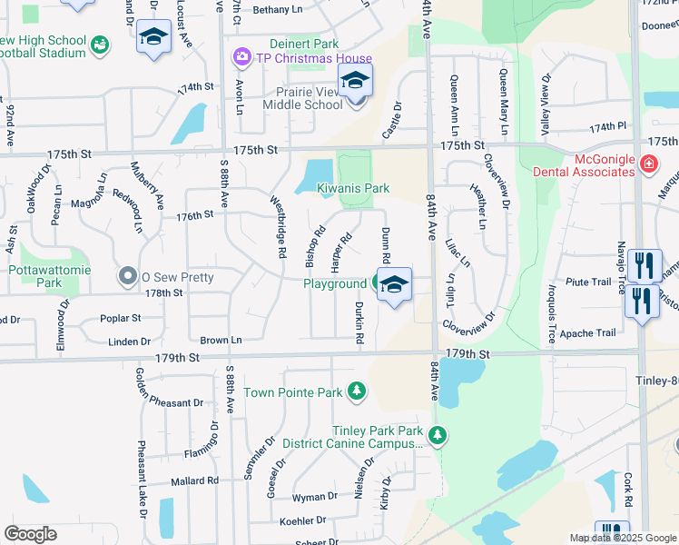 map of restaurants, bars, coffee shops, grocery stores, and more near 8536 Radcliffe Road in Tinley Park