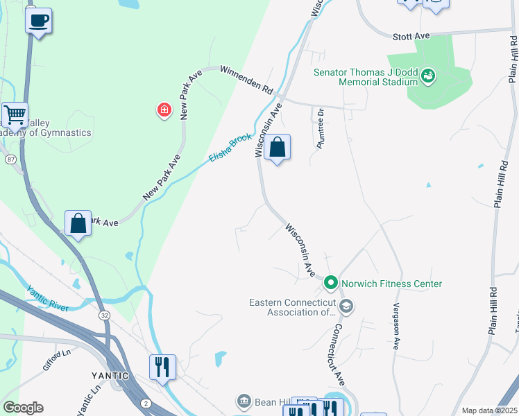 map of restaurants, bars, coffee shops, grocery stores, and more near 9 Oxford Drive in Norwich