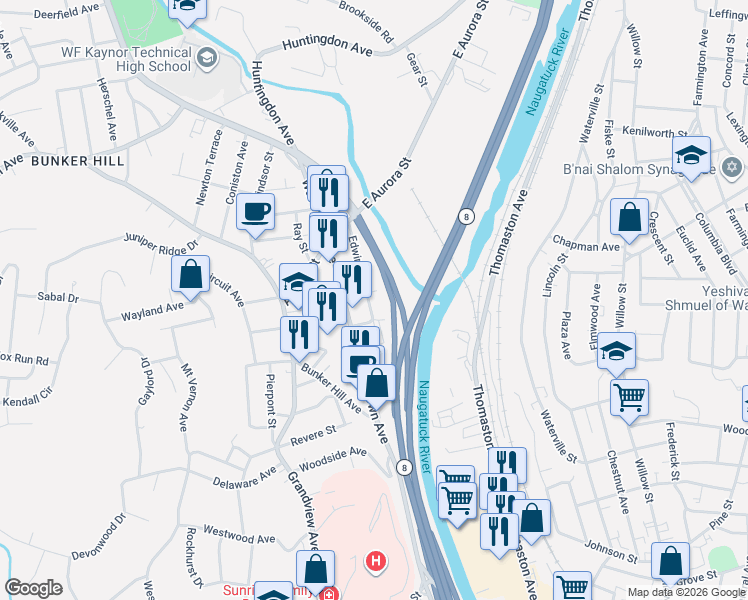 map of restaurants, bars, coffee shops, grocery stores, and more near 16 Edwin Avenue in Waterbury