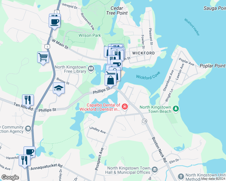 map of restaurants, bars, coffee shops, grocery stores, and more near 10 Phillips Street in North Kingstown