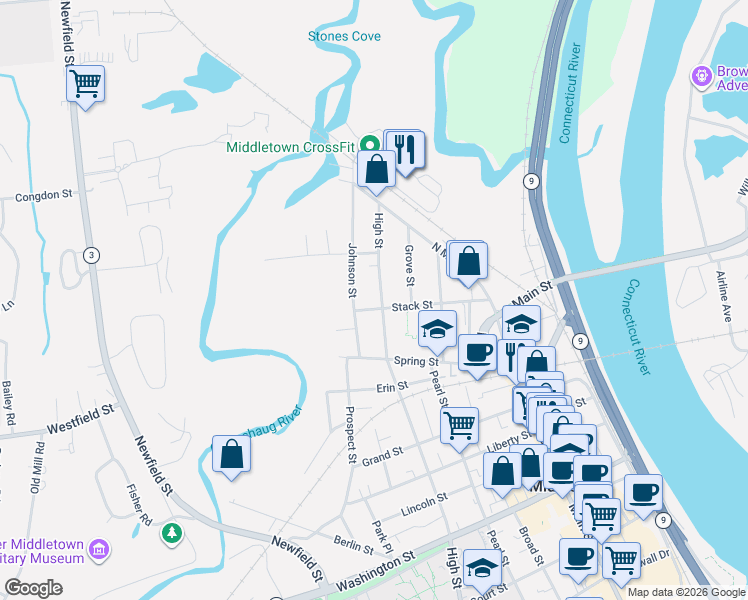 map of restaurants, bars, coffee shops, grocery stores, and more near 590 High Street in Middletown