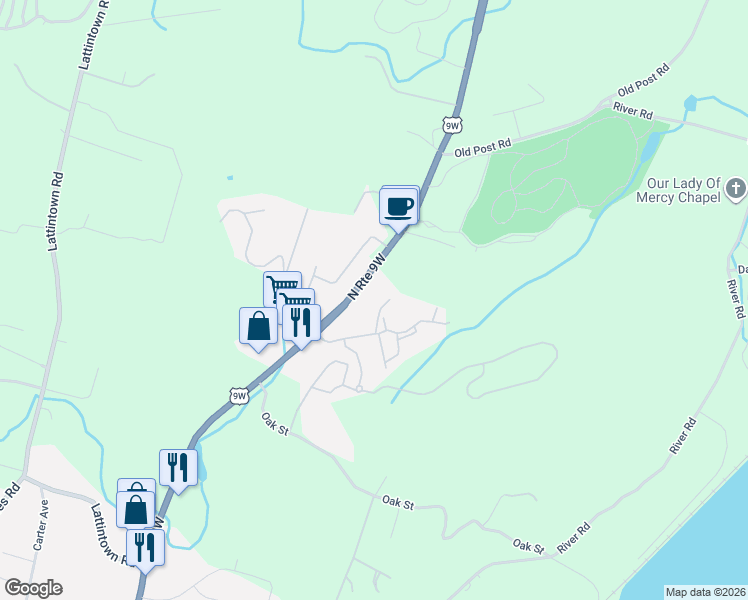 map of restaurants, bars, coffee shops, grocery stores, and more near 1701 Baldwin Lane in Newburgh