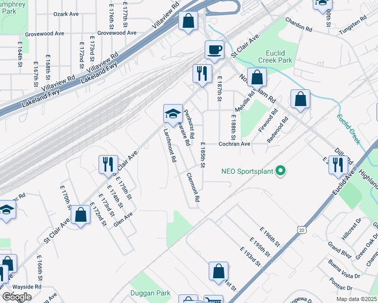 map of restaurants, bars, coffee shops, grocery stores, and more near 1453 Clearaire Road in Cleveland