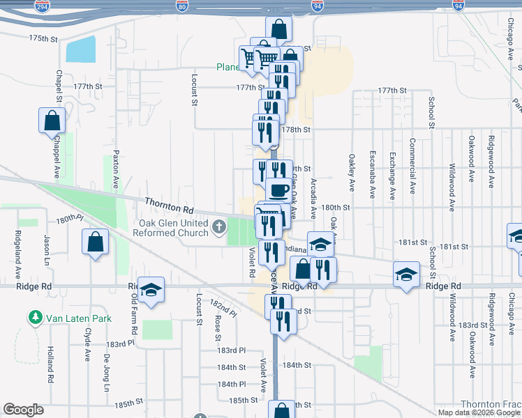 map of restaurants, bars, coffee shops, grocery stores, and more near 2302 Thornton Lansing Road in Lansing