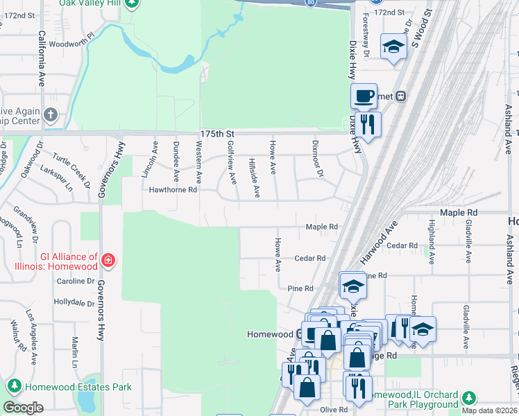 map of restaurants, bars, coffee shops, grocery stores, and more near 2256 Maple Road in Homewood