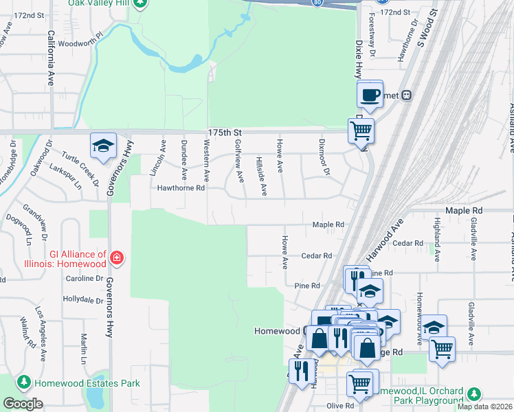 map of restaurants, bars, coffee shops, grocery stores, and more near 2256 Maple Road in Homewood