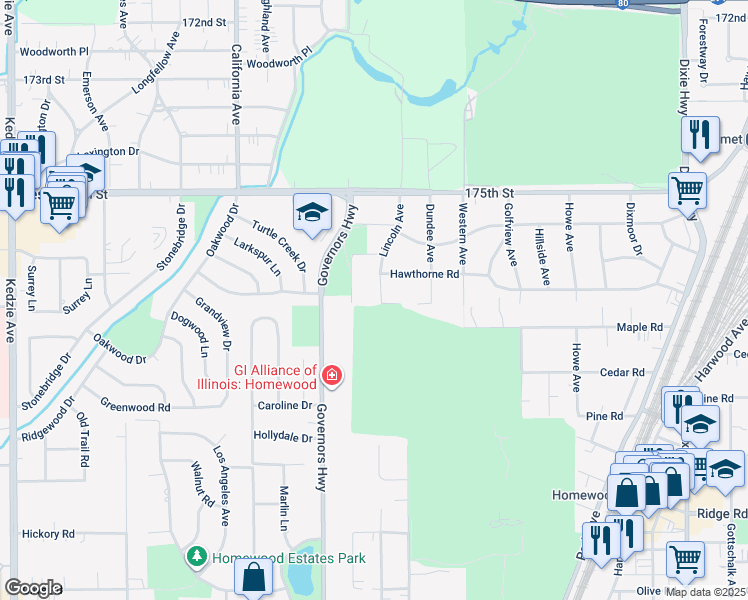 map of restaurants, bars, coffee shops, grocery stores, and more near 17658 Lincoln Avenue in Homewood