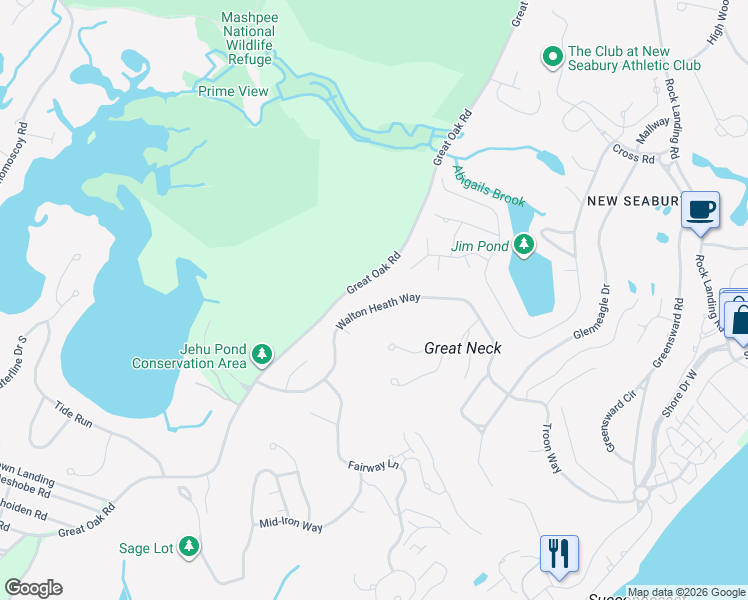map of restaurants, bars, coffee shops, grocery stores, and more near 102 Walton Heath Way in Mashpee