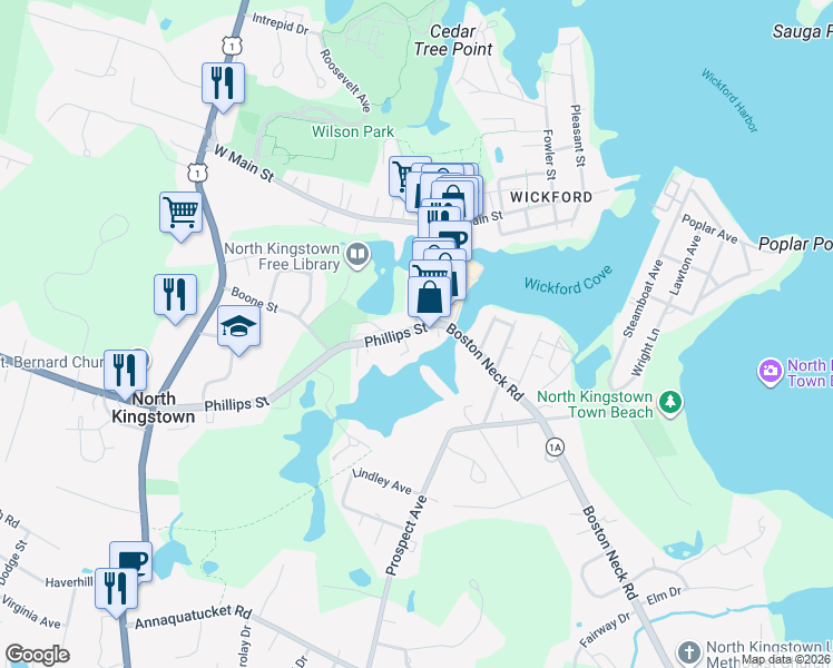 map of restaurants, bars, coffee shops, grocery stores, and more near 56 Phillips Street in North Kingstown